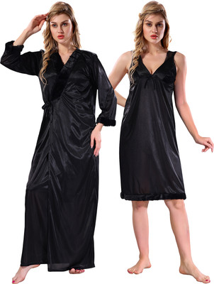 Lovira Women Nighty with Robe(Black)