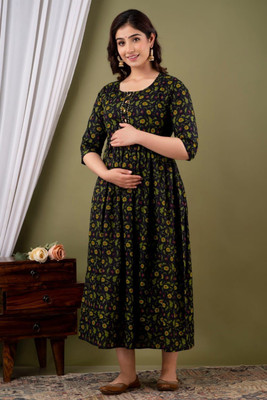 Zarvisha Women Maternity/Nursing Nighty(Dark Green)