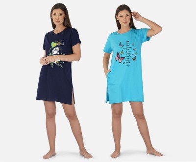 DreamBe Women Nightshirts(Dark Blue, Light Blue)