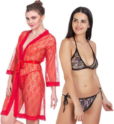 Fashion Count Women Robe and Lingerie Set(Red, Black)
