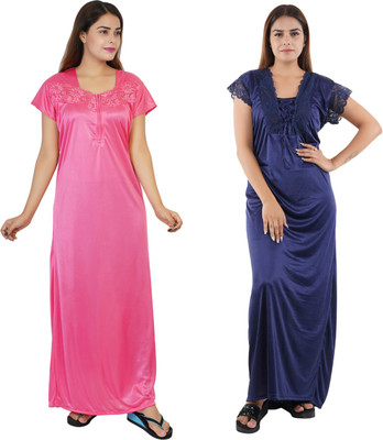 NACNO Women Nighty Set(Pink, Dark Blue)