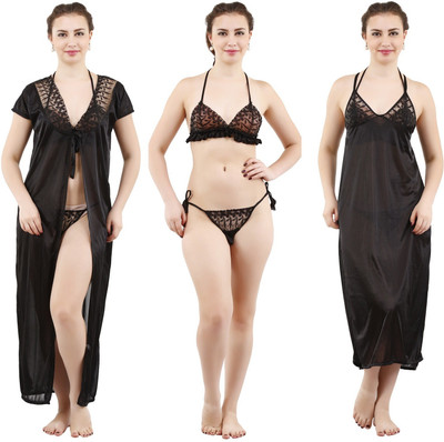 Romaisa Women Nighty with Robe(Black)