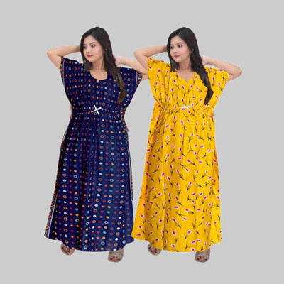 KrishvProducts Women Nighty(Blue, Yellow)