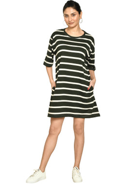 altius Women A-line Black, White Midi/Calf Length Dress