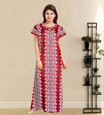 The Ravi Gold Print Women Nighty(Red)