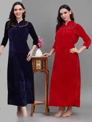 CLOTHUS Women Nighty with Robe(Red)