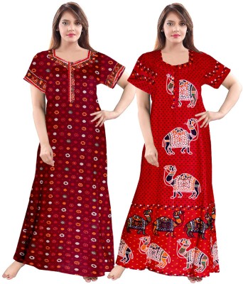 impression Women Nighty Set(Maroon, Red)