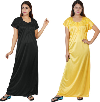 EGET Women Nighty(Black, Yellow)
