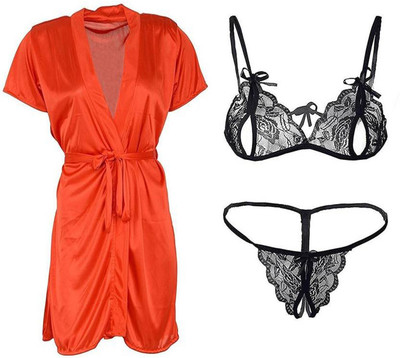 Lovie's Women Robe and Lingerie Set(Red, Black)
