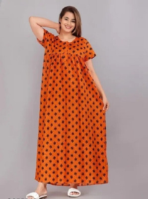The Ravi Gold Print Women Nighty(Orange)