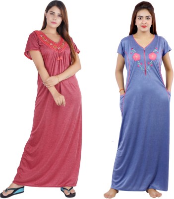 NACNO Women Nighty Set(Maroon, Blue)