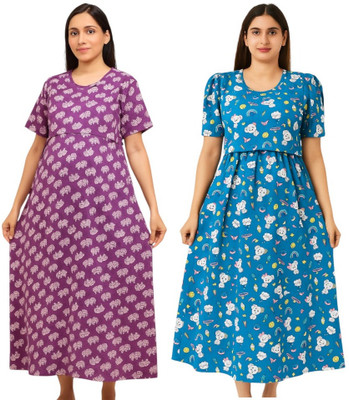 sahana Women Maternity/Nursing Nighty(Purple, Blue)