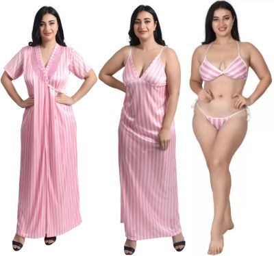 CAT LEYER Women Robe and Lingerie Set(Pink)