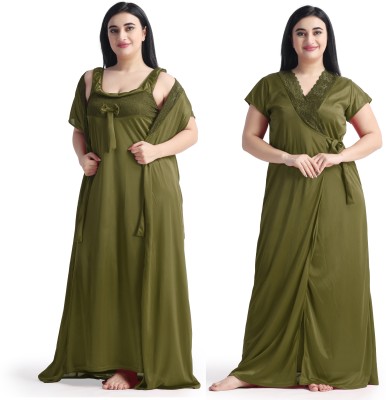 NIGHT KEYS Women Nighty with Robe(Dark Green)