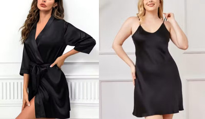 COSMIRA Women Nighty with Robe(Black)