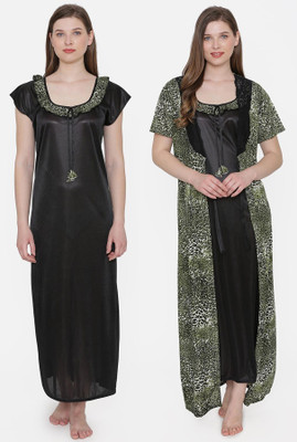 ROWENA Women Nighty with Robe(Green, Black)