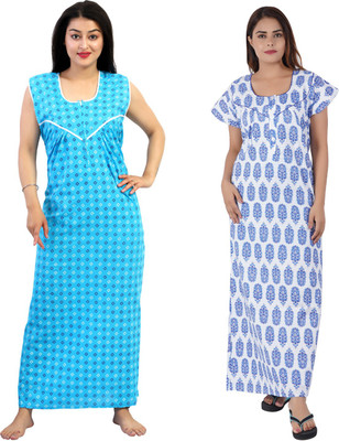 NACNO Women Nighty Set(Blue, Dark Blue)