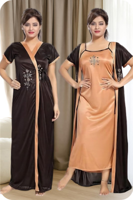 PRABHAM Women Nighty with Robe(Brown)