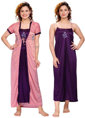 VELEZZA Women Nighty with Robe(Pink)
