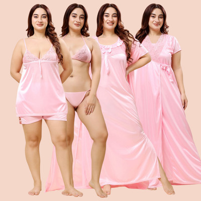 THUMKA Women Nighty with Robe(Pink)