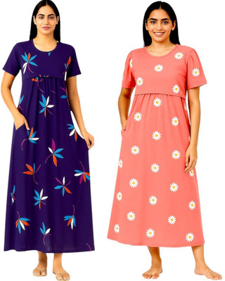 sahana Women Maternity/Nursing Nighty(Blue, Pink)