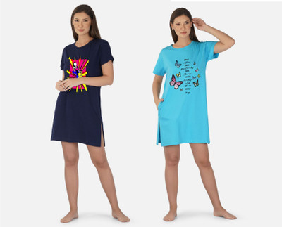 DreamBe Women Nightshirts(Dark Blue, Light Blue)