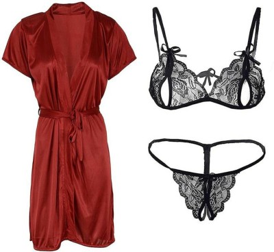 Lovie's Women Robe and Lingerie Set(Maroon, Black)