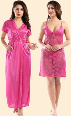 VastavaFashion Women Solid Pink Night Suit Set