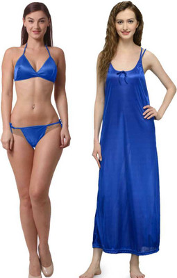 Mesmara Women Robe and Lingerie Set(Dark Blue)