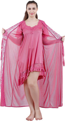 Romaisa Women Nighty with Robe(Pink)