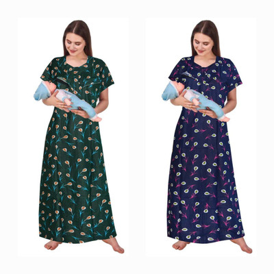 HUB RADHIKA FASHION Women Maternity/Nursing Nighty(Blue, Green)