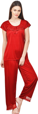 Boosah Women Solid Maroon Top & Pyjama Set