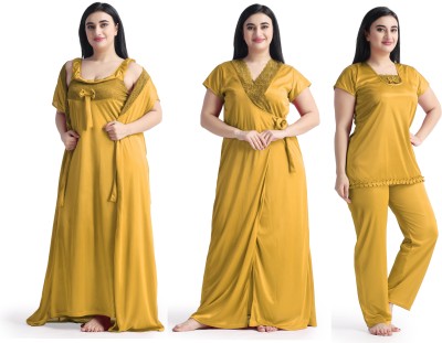 chui mui Women Nighty with Robe(Yellow)