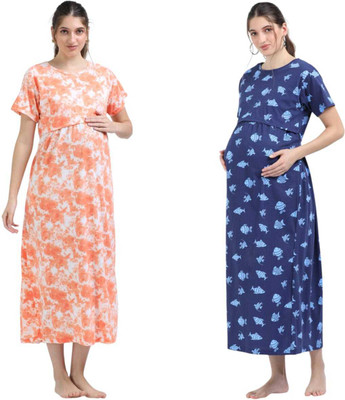 YAZHINI Women Maternity/Nursing Nighty(Orange, Dark Blue)