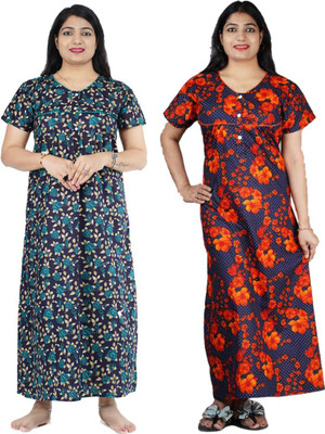 FAVNIC Women Nighty Set(Green, Orange)