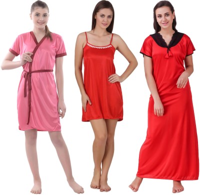 YUALIN CREATION Women Nighty Set(Red, Pink)