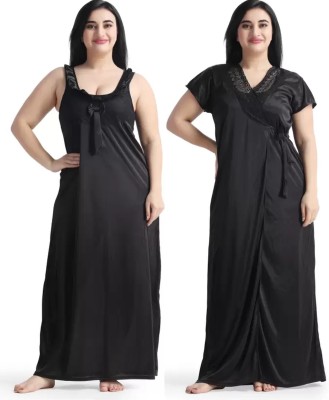 FusionVilla Women Nighty with Robe(Black)