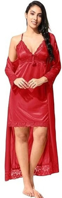 HouseOfCommon Women Nighty with Robe(Red)