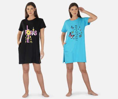 DreamBe Women Nightshirts(Black, Light Blue)