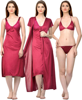 ROWENA Women Nighty with Robe(Maroon)