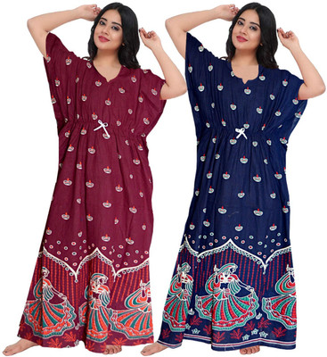 zalya Women Nighty Set(Maroon, Blue)