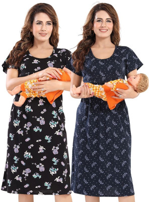 Fabme Women Maternity/Nursing Nighty(Black, Dark Blue)