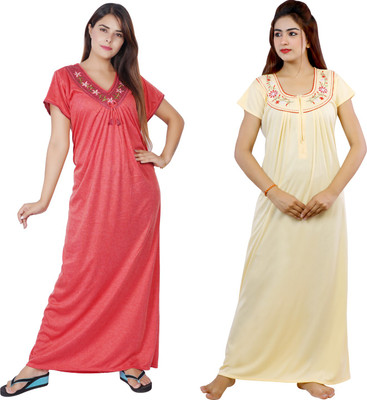 NACNO Women Nighty Set(Red, Yellow)