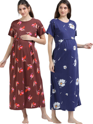 YAZHINI Women Maternity/Nursing Nighty(Maroon, Dark Blue)