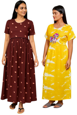 Juana Women Maternity/Nursing Nighty(Brown, Yellow)