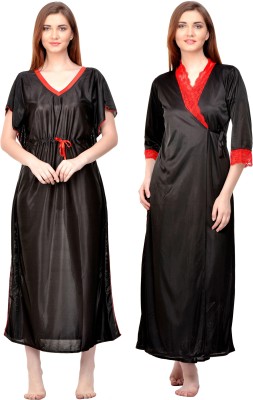 Boosah Women Nighty with Robe(Black)