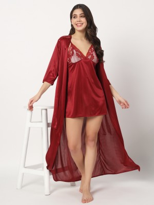 Klamotten Women Nighty with Robe(Maroon)