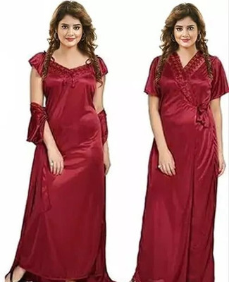 Lottahub Women Nighty with Robe(Maroon)