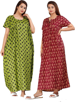 Saviaara Women Nighty Set(Green, Pink)
