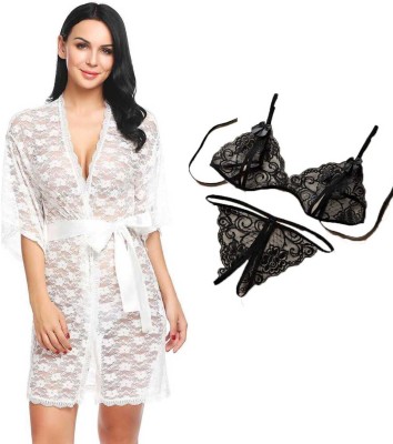 Fashion Count Women Robe and Lingerie Set(White, Black)